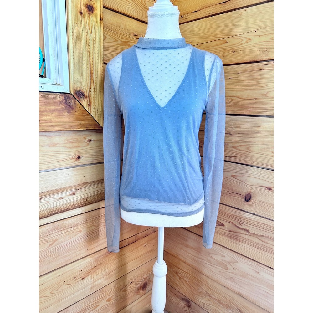 Gentle Fawn Womens Small Blue Swiss Dot Mesh Mock Neck Layered Long Sleeve Top‎